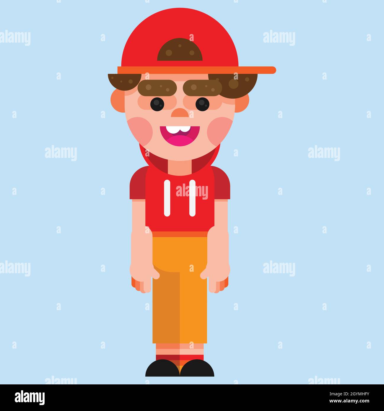 Happy cute little kid boy standing and wearing hoodie and cap. Flat style boy is standing in clothes and shoes. vector illustration Stock Vector