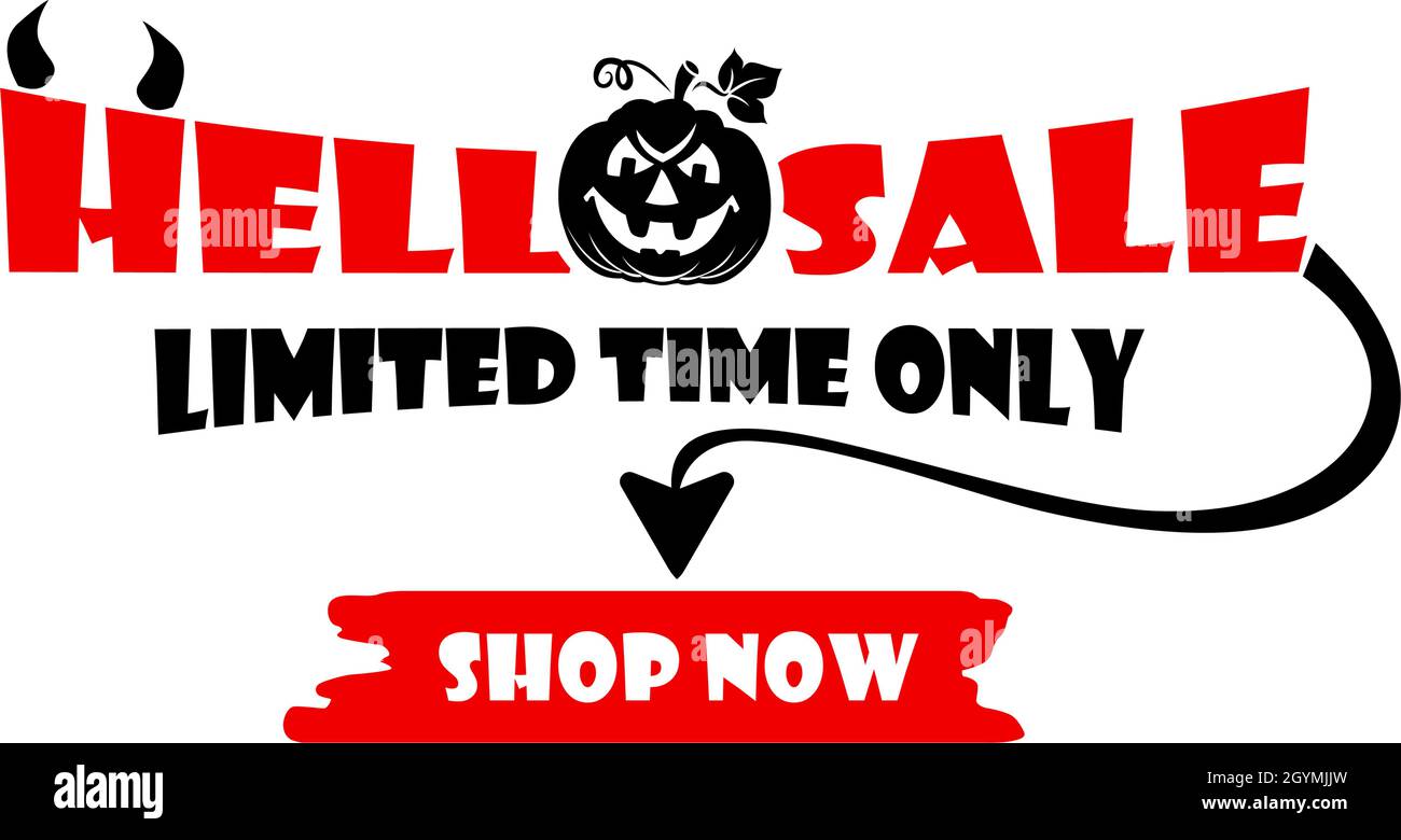 Hell sale with pumpkin, horns and devil tail. Halloween sale special offer banner template with hand drawn lettering for holiday shopping. Vector Stock Vector