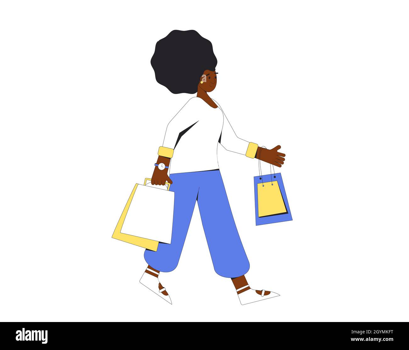 Young woman with shopping bags. Female person walking with her purchases. Filled line vector illustration. Stock Vector