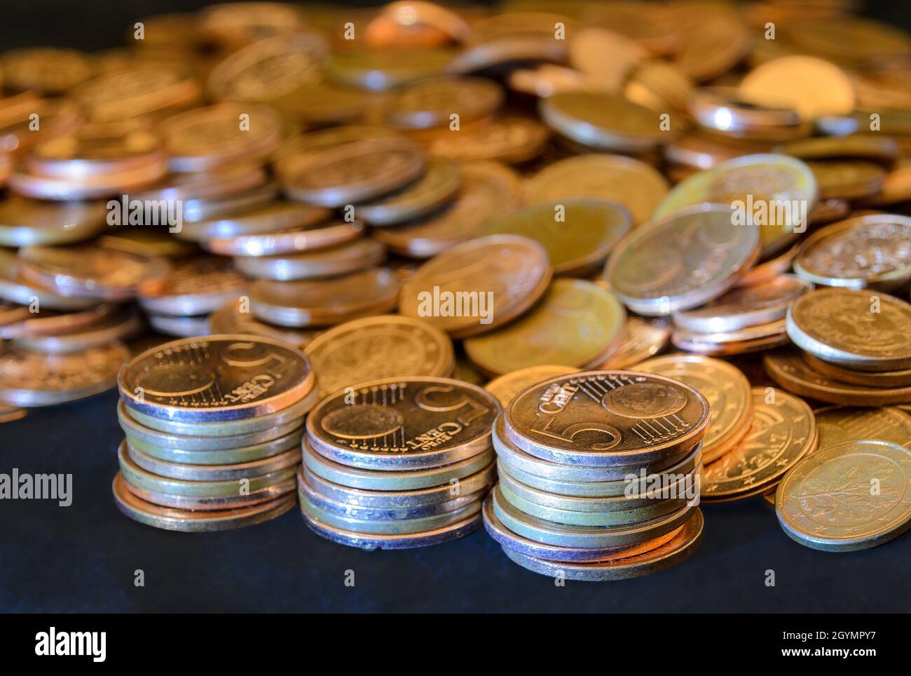 stacks of coins each with the value of five Eurocent Stock Photo