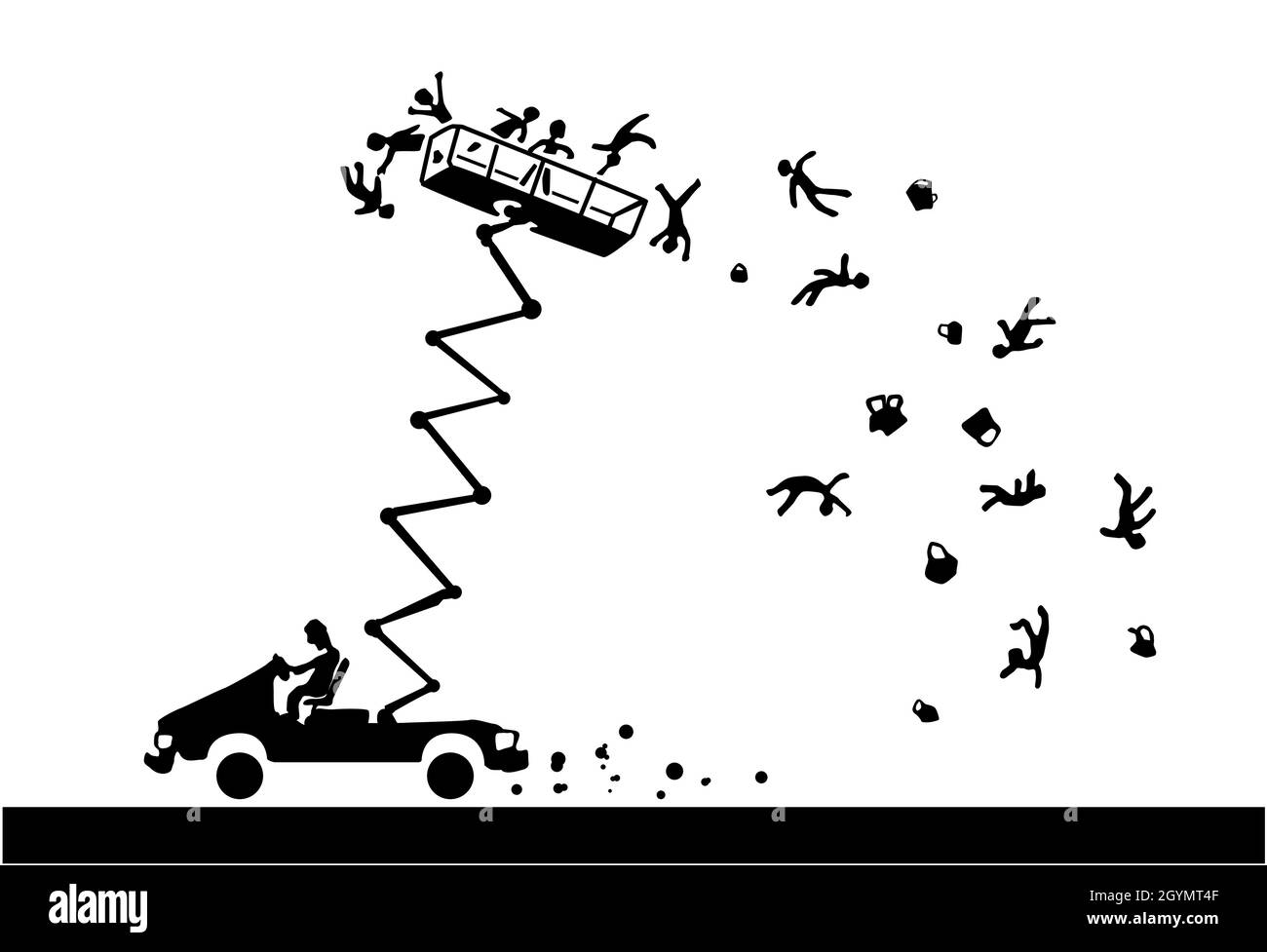 Car high platform passengers falling scene silhouette cartoon black, vector illustration, horizontal, over white Stock Vector