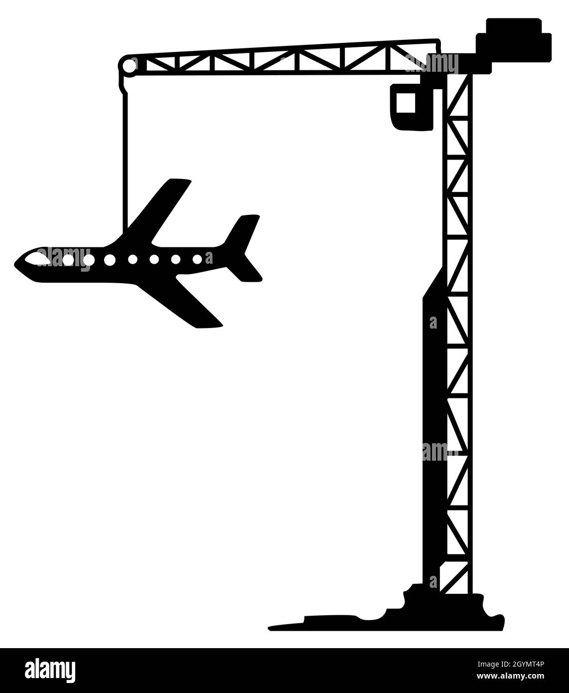 Construction crane airplane hanging silhouette outline black, vector illustration, vertical, over white, isolated Stock Vector