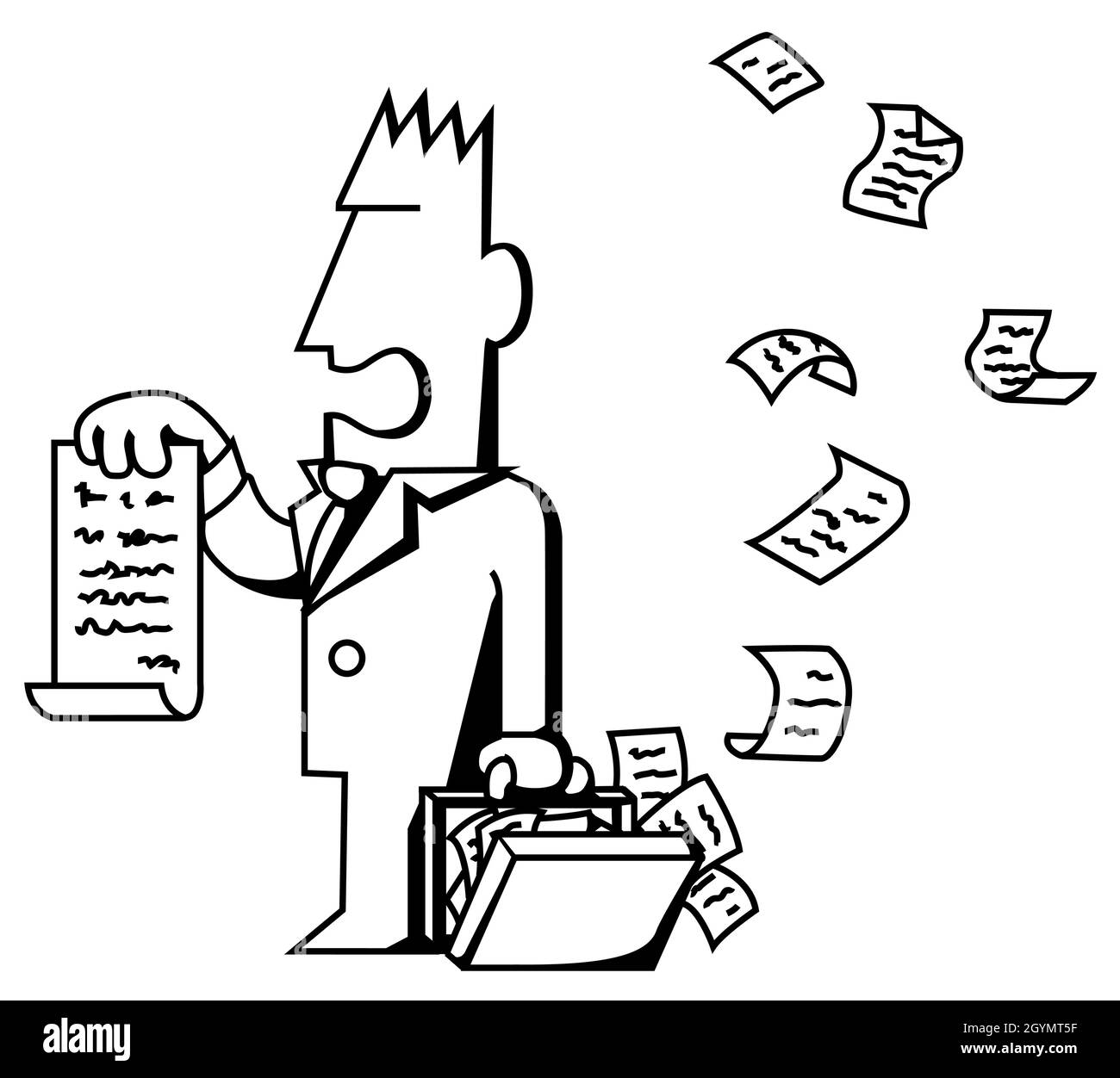 Lawyer losing papers from briefcase funny cartoon line drawing, vector, horizontal, over white Stock Vector