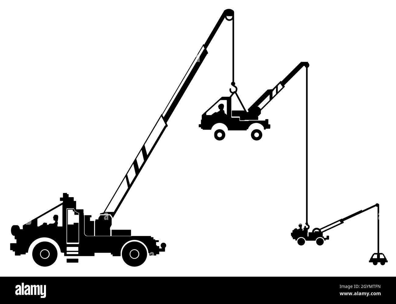 Car towing smaller scale repeating humorous silhouette outline black, vector illustration, horizontal, over white, isolated Stock Vector