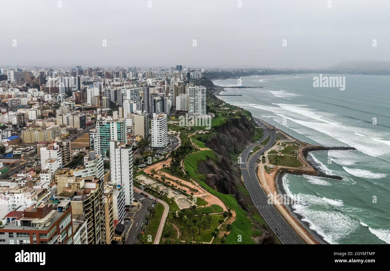 Panoramic aerial view over the coast of Miraflores in Lima, Peru Stock Photo
