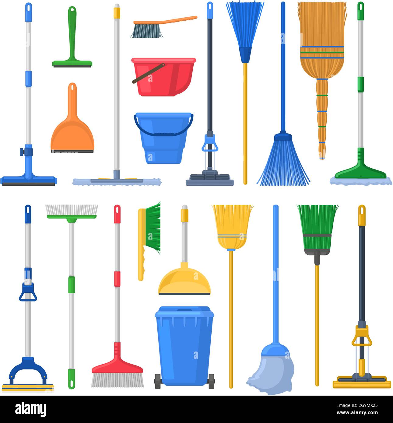 Household cleaning mops, broom, sweeps, scoops and plastic buckets. Cleaning swab, mop, broom, feather duster and dustpan vector Illustration set Stock Vector