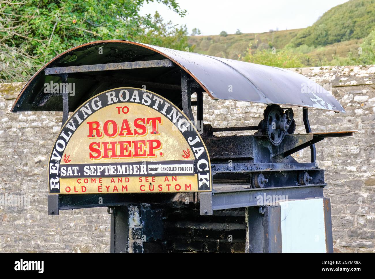 A close up of a roasting spit in the derbyshire plague village of Eyam where an annual hog roast takes place. Stock Photo