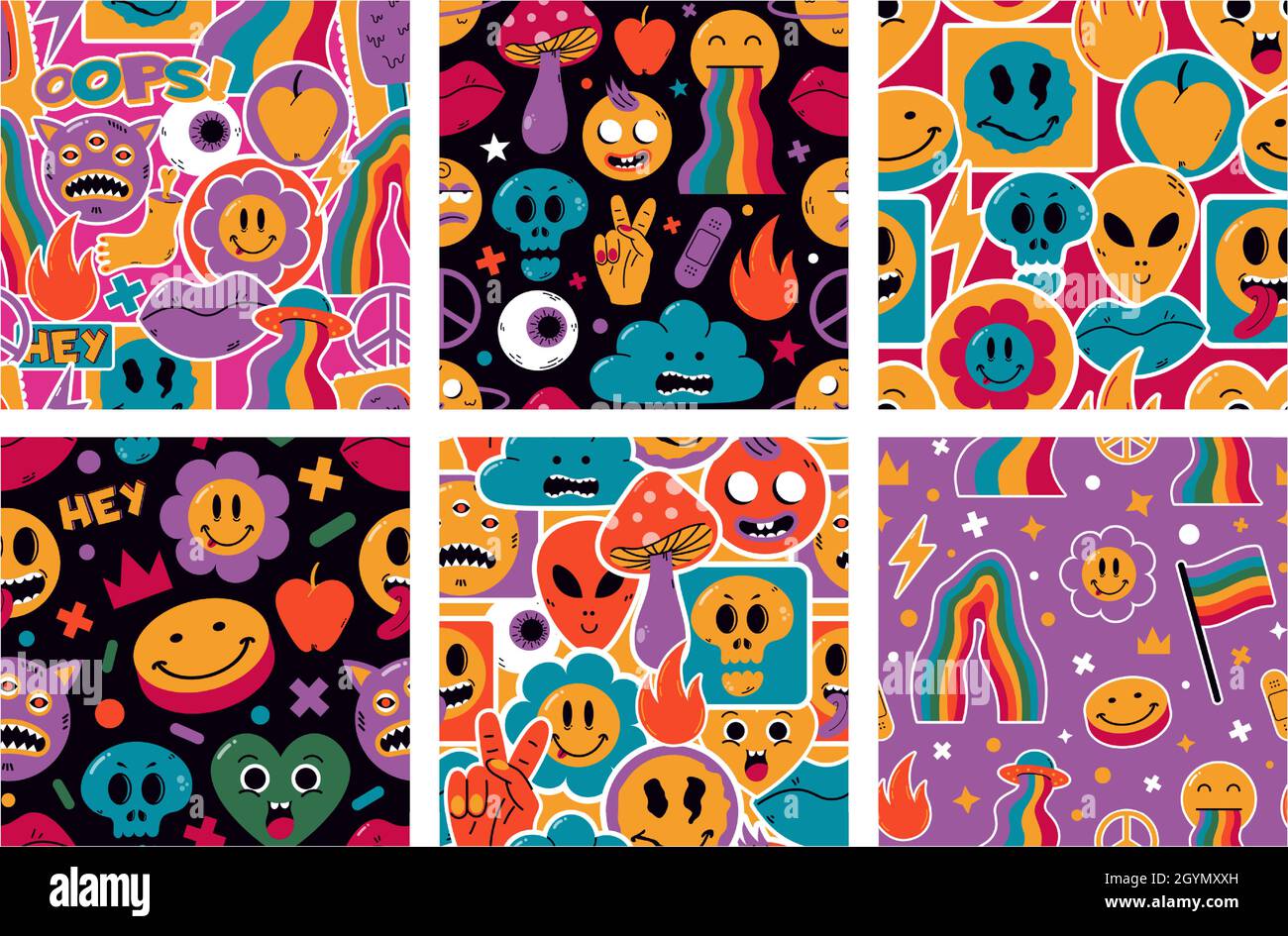 Funny cute comic stickers characters abstract seamless patterns ...