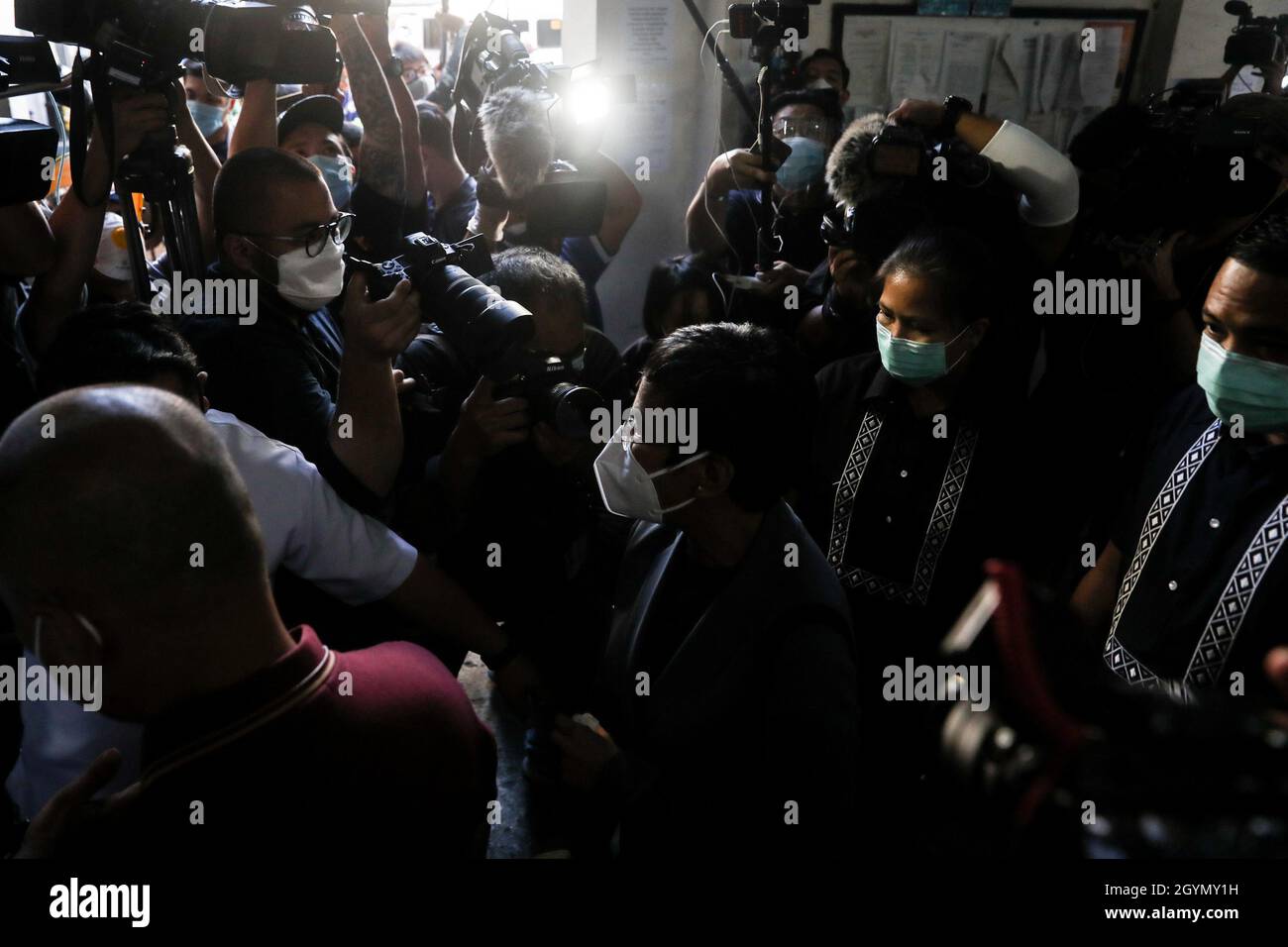 Rappler CEO and Executive Editor, Maria Ressa (center) wearing a protective mask arrives for a court hearing at the Manila Regional Trial Court, Philippines on Monday. June 15, 2020. The Manila court found Maria Ressa, her online news outfit Rappler Inc. and former reporter Reynaldo Santos Jr. guilty of cyber libel. Philippines. Stock Photo