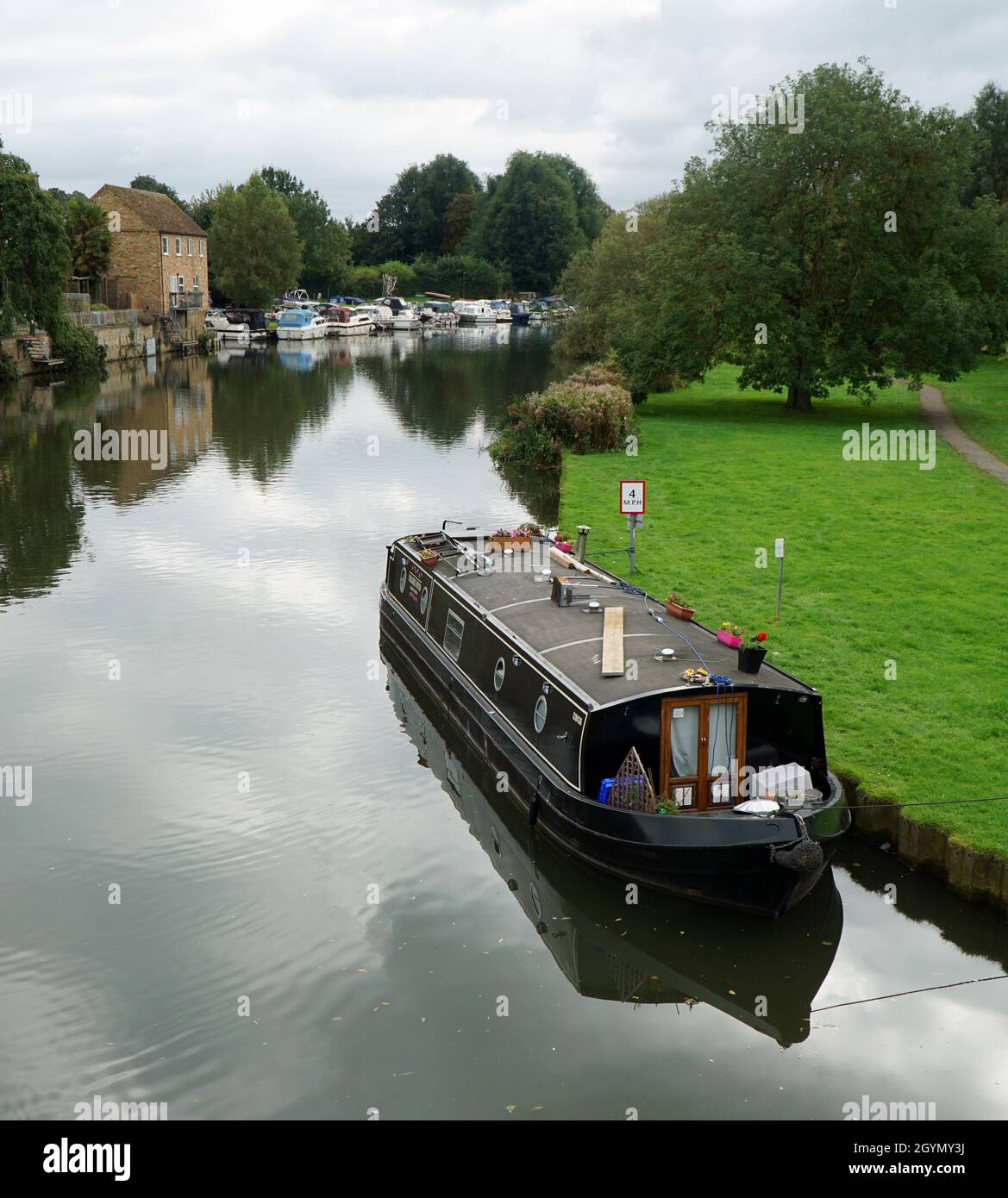 The river Ouse at St Neots  with narrow boat, park an Stock Photo