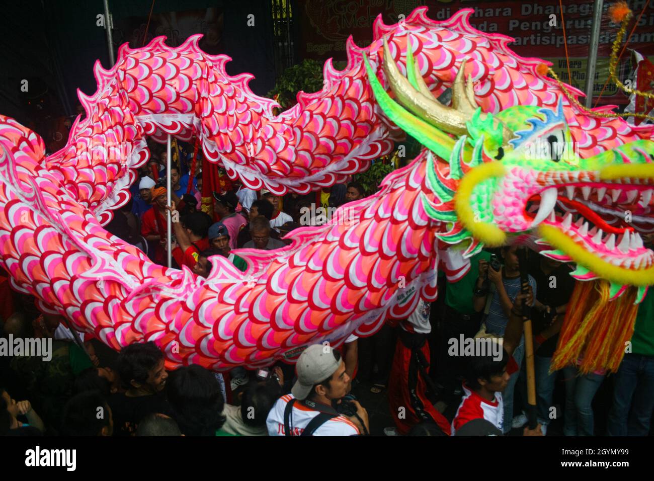 Liong or dragon was paraded during the Cap Go Meh celebration in the city of Bogor. Cap Go Meh is the closing day of a series of Chinese New Year. Stock Photo