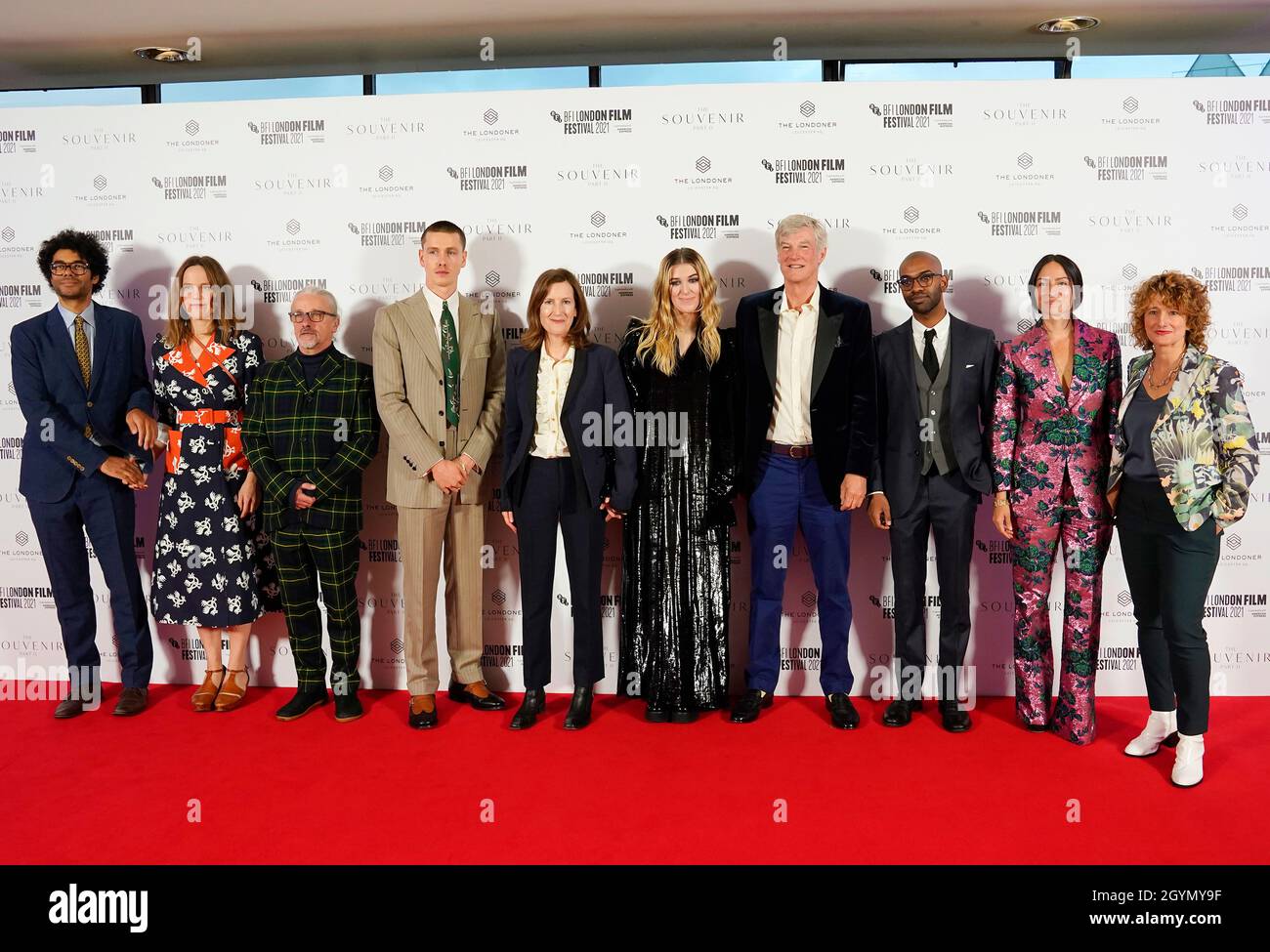Richard Ayoade, Lydia Fox, Harris Dickinson, Joanna Hogg, Honor Swinton Byrne, Jaygann Ayeh, Gala Botero and Tricia Tuttle arrive for the UK premiere of The Souvenir: Part II, at the Royal Festival Hall in London during the BFI London Film Festival. Picture date: Friday October 8, 2021. Stock Photo