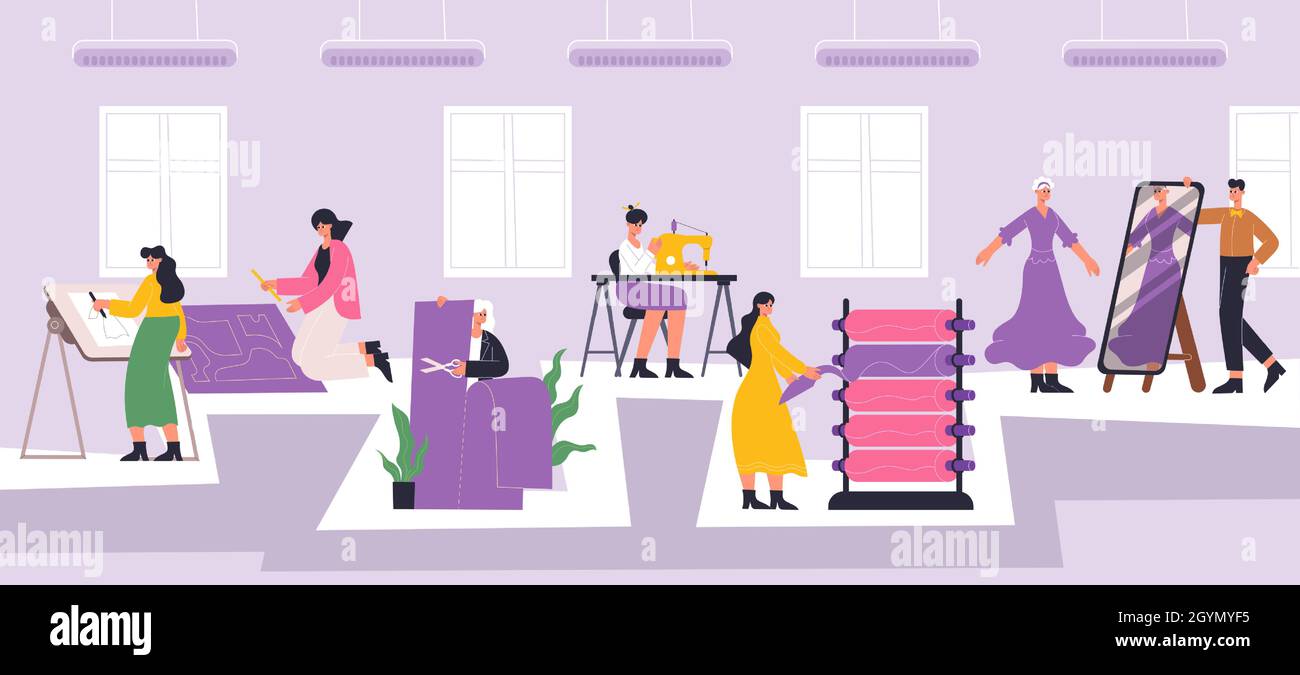 Fashion atelier workers, sewing, dressmaking workshop interior. Textile industry employees, dressmaking process vector illustration. Textile factory Stock Vector