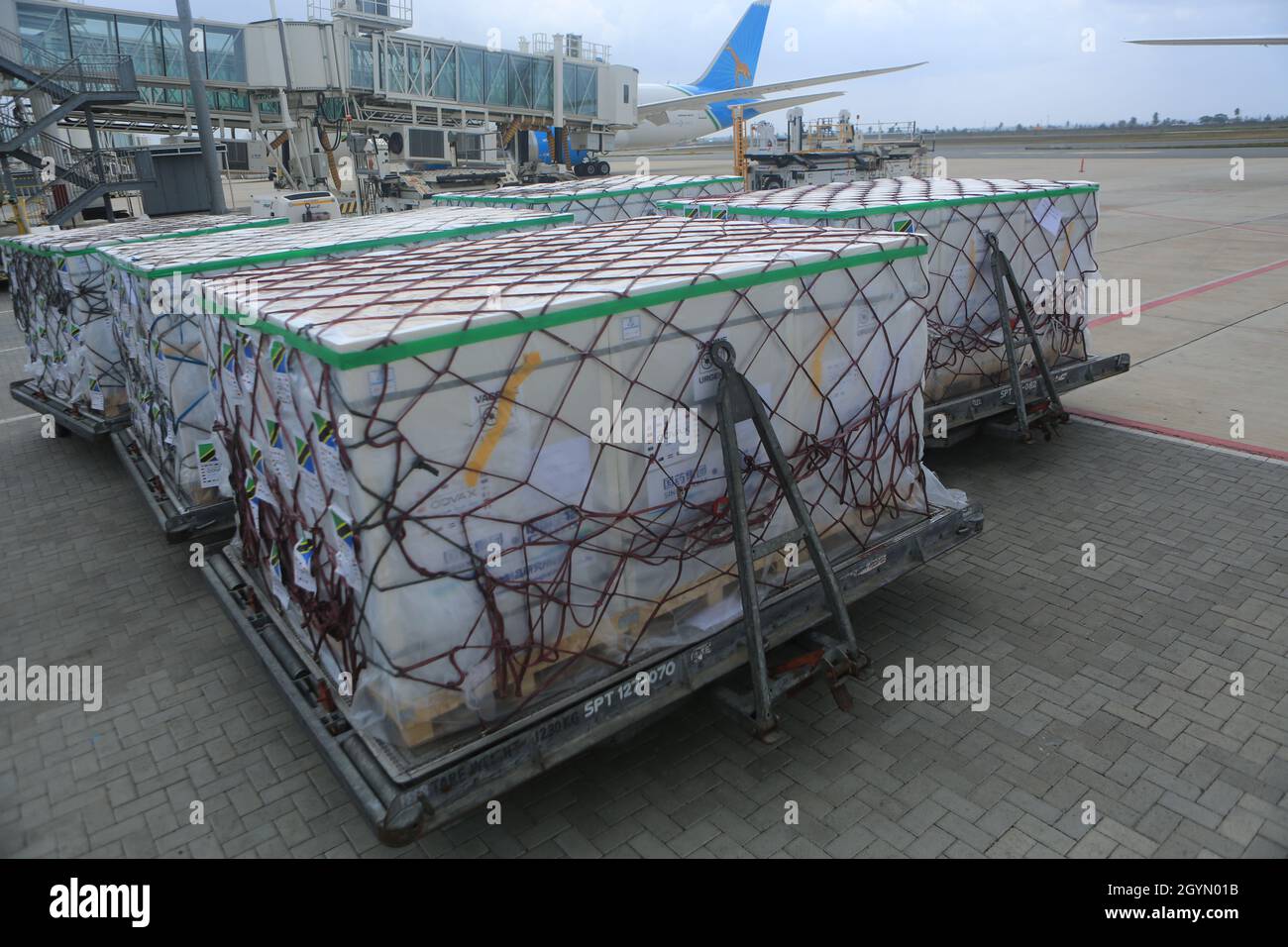 Dar Es Salaam, Tanzania. 8th Oct, 2021. A batch of the Sinopharm vaccine from China arrives at Julius Nyerere International Airport in Dar es Salaam, Tanzania, on Oct. 8, 2021. Tanzania on Friday received 1,065,600 doses of the Sinopharm vaccine from China under COVAX, boosting the east African nation's vaccination campaign against COVID-19. COVAX is a global program aimed at providing equitable access to COVID-19 vaccines. Credit: Herman Emmanuel/Xinhua/Alamy Live News Stock Photo