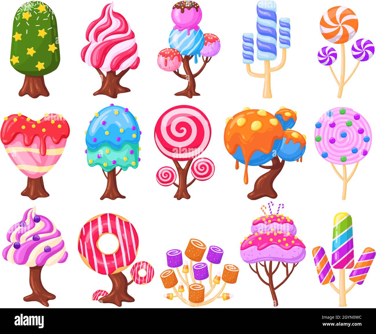 Cartoon fantasy sweet candy land caramel trees. Fantasy nature, game design  sweet candy landscape elements vector illustration set. Caramel, ice cream  Stock Vector Image & Art - Alamy