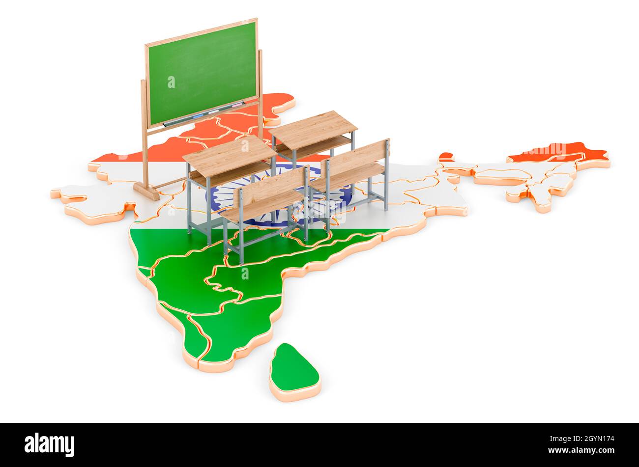 Education in India, concept. School desks and blackboard on India map. 3D rendering isolated on white background Stock Photo