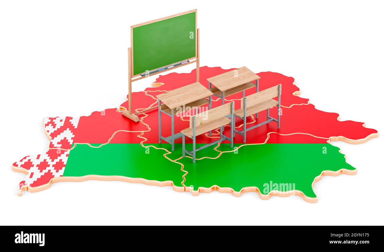 Education in Belarus, concept. School desks and blackboard on Belarus