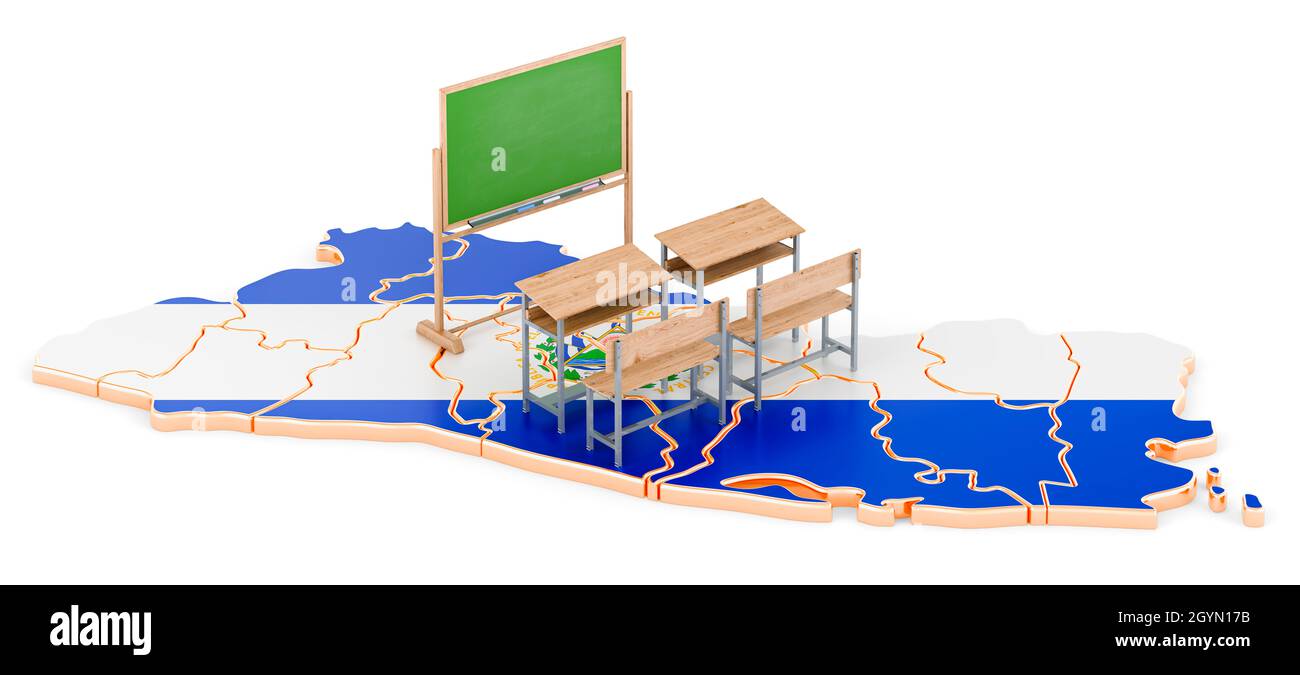 Education in El Salvador, concept. School desks and blackboard on El Salvador map. 3D rendering isolated on white background Stock Photo