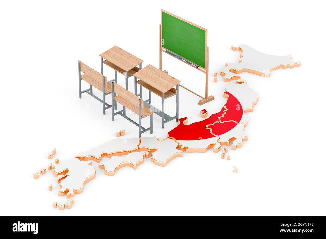 Education in Japan, concept. School desks and blackboard on Japan map. 3D rendering isolated on white background Stock Photo