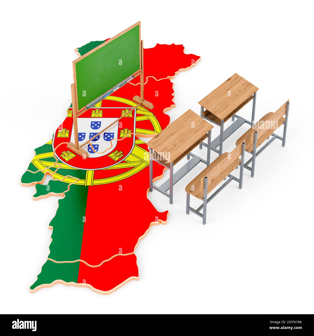 Education in Portugal, concept. School desks and blackboard on Portugal