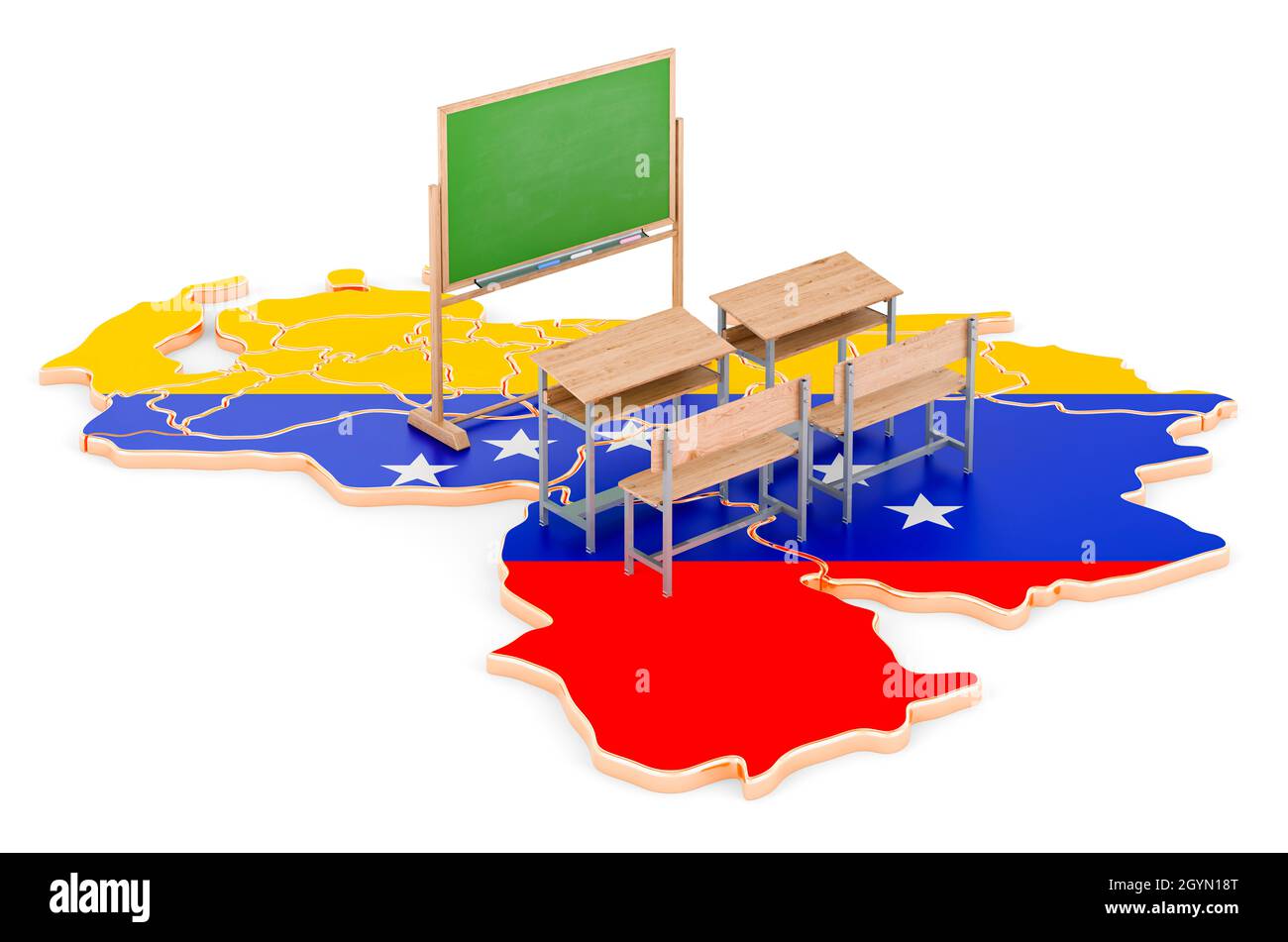 Education in Venezuela, concept. School desks and blackboard on