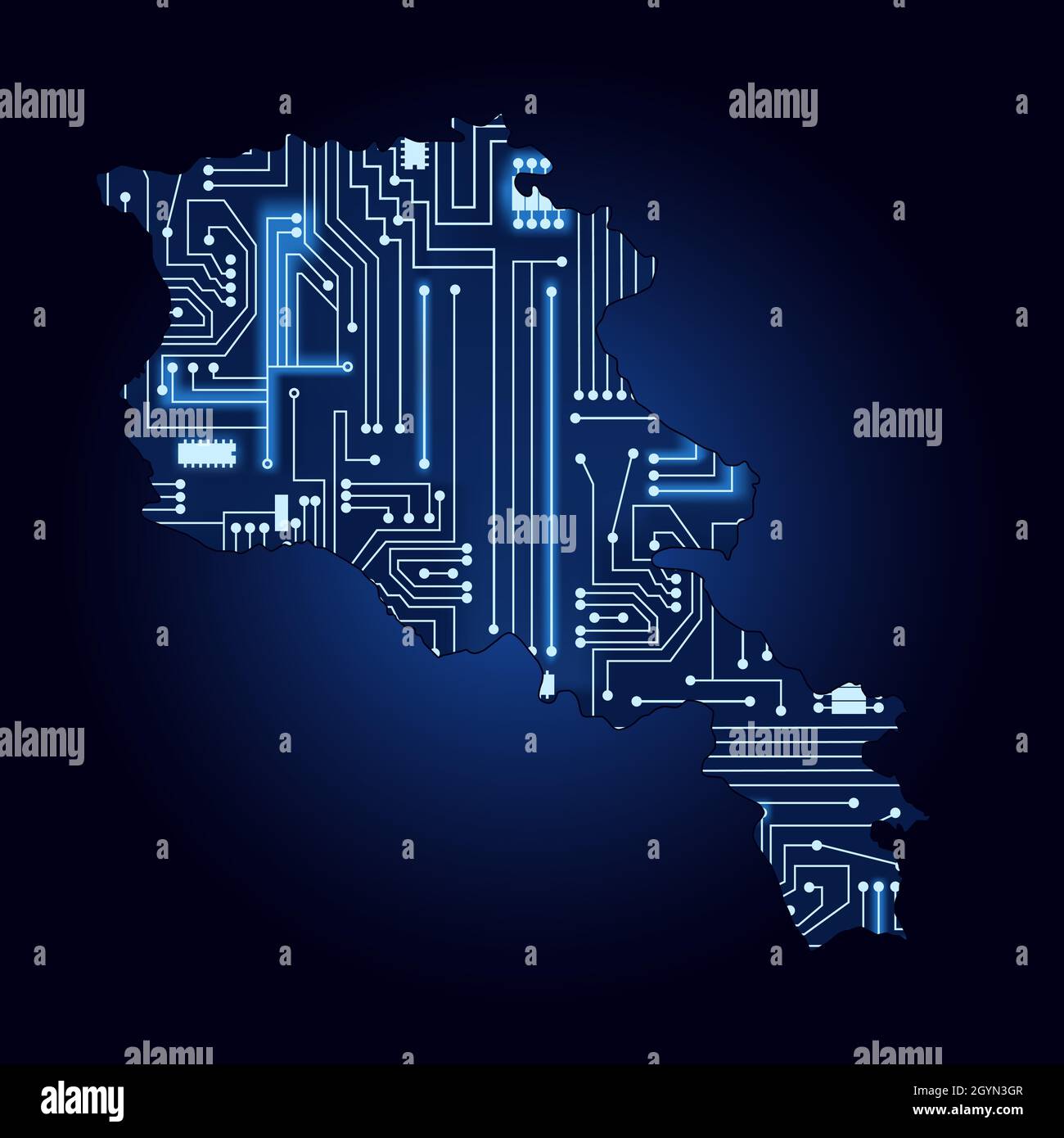 Contour map of Armenia with a technological electronics circuit. Stock Vector