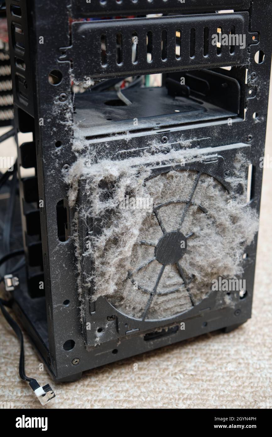 dirty computer case.Dust layer on the system unit.Time to clean your computer from home dust