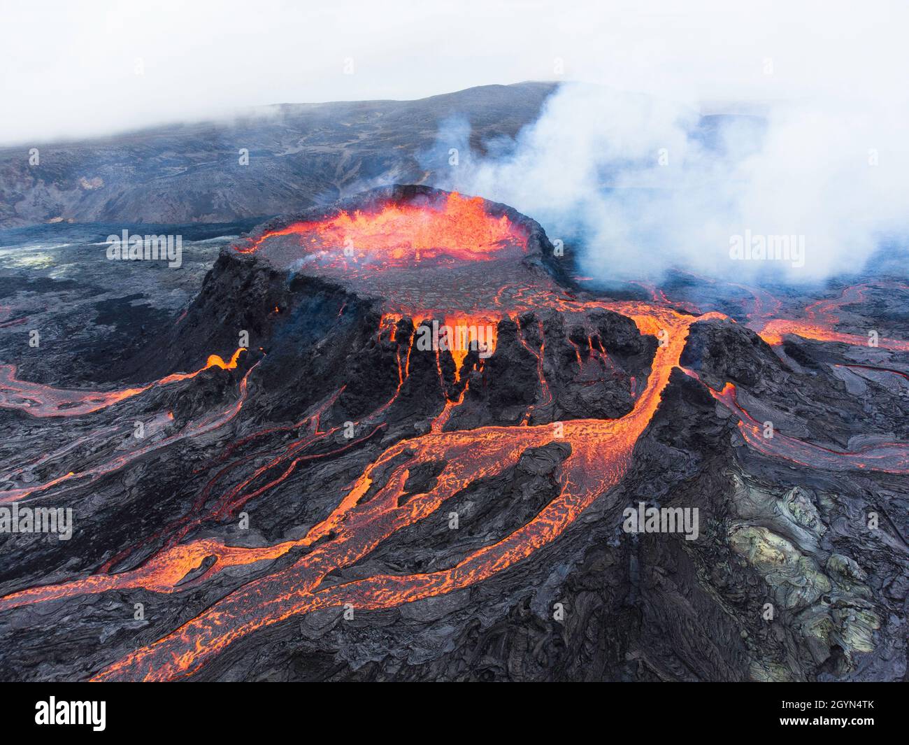 An aerial view of lava flows from the Fagradalsfjall volcano in Iceland,  during an eruption on 31st August 2021. Stock Photo