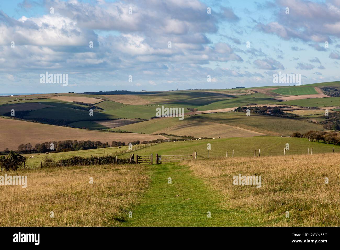 Looking along a pathway on the South Downs Way in Sussex, with the coast at Brighton in the far distance Stock Photo