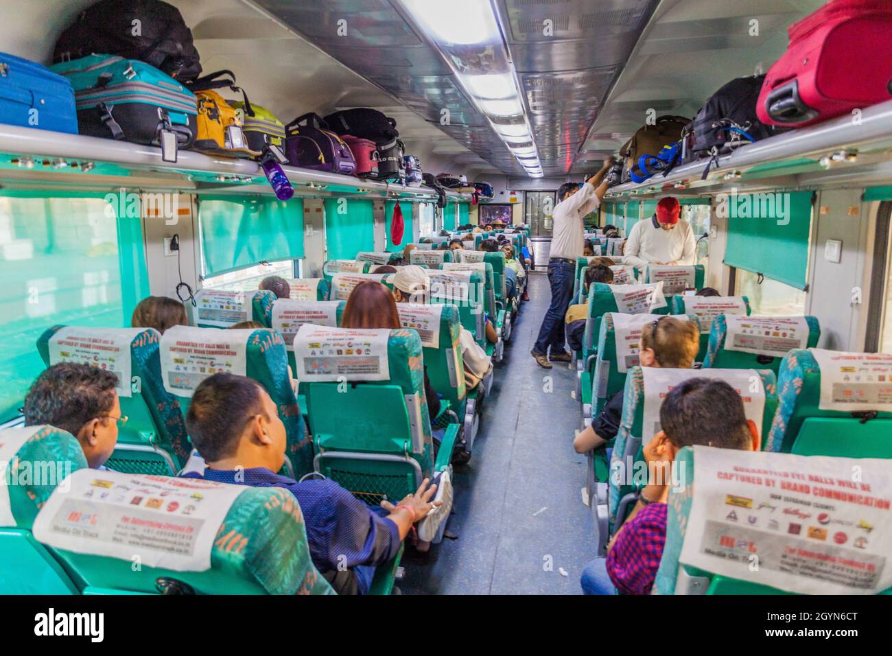 AGRA, INDIA - FEBRUARY 20, 2017: AC Chair Car class of Gatimaan Express (Indian Railways' fastest train). Stock Photo