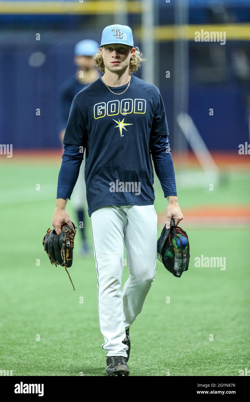 St. Petersburg, FL. USA;  Tampa Bay Rays starting pitcher Shane Baz (11) walks to the dugout at pregame practice before the American League Division S Stock Photo