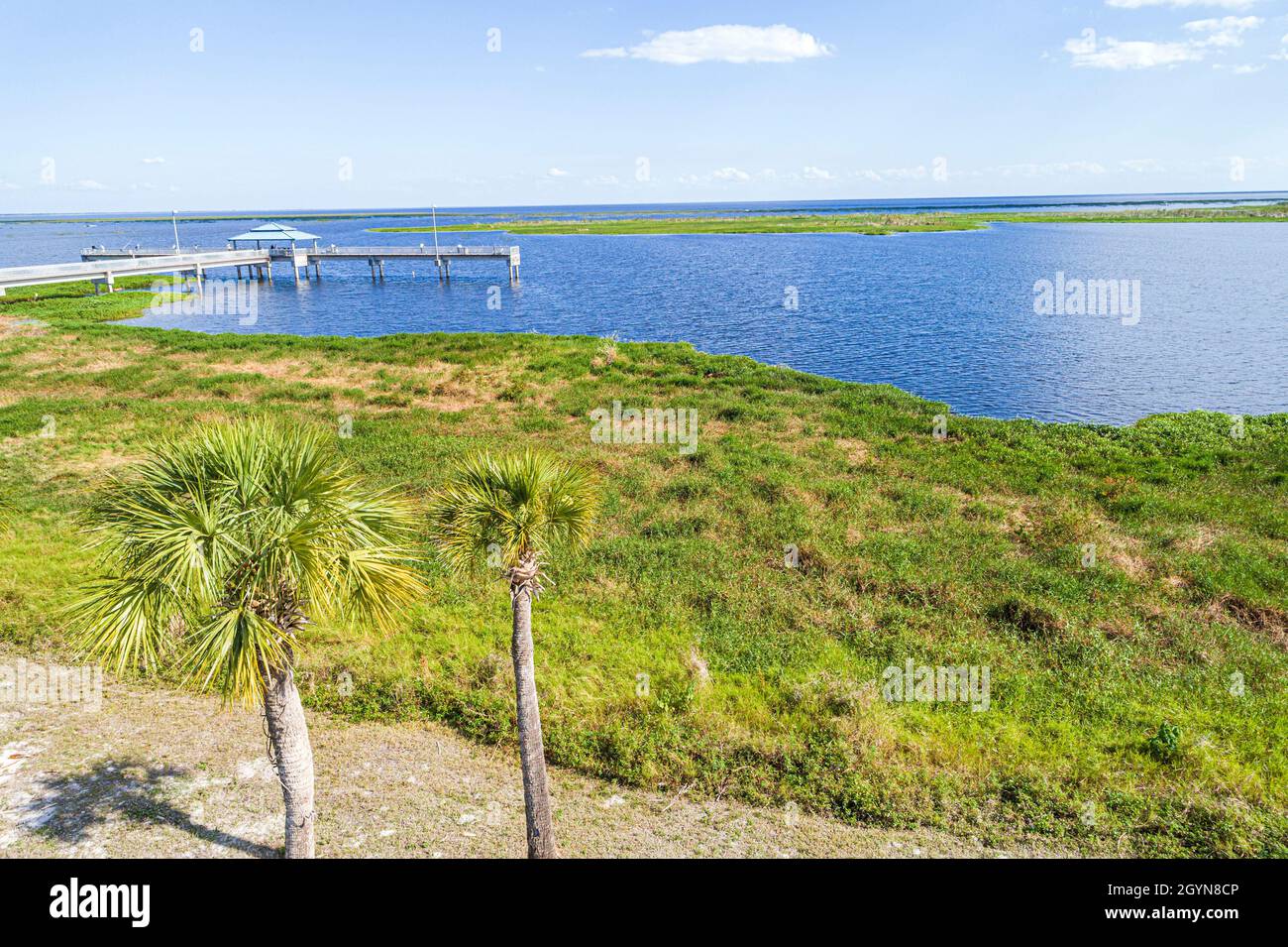 Florida Lake Okeechobee,pier aerial overhead from above view,water Stock Photo