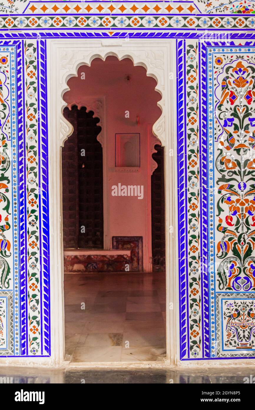 UDAIPUR, INDIA - FEBRUARY 14, 2017: Dcorated door in Bagore ki Haveli ...
