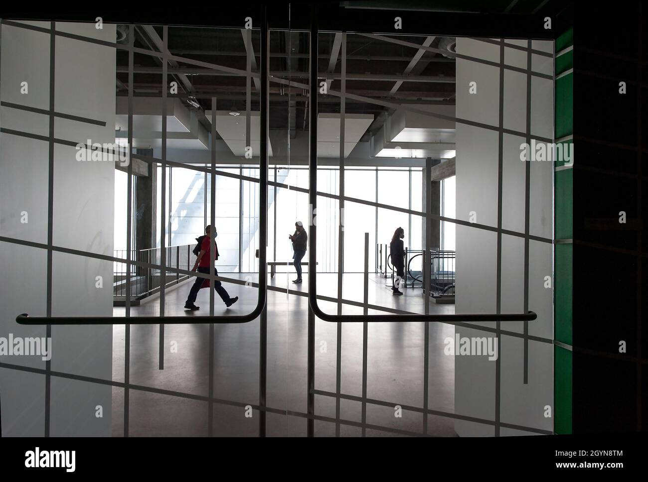 Interior architecture by Renzo Piano, seen through a door to an exhibit in the Saban Building of the Academy Museum of Motion Pictures in Los Angeles, Stock Photo
