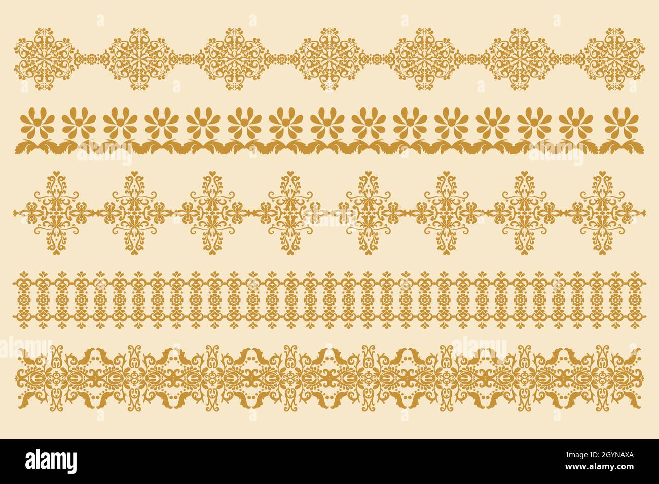 Set of horizontal ornaments in old style. Damask border patterns for