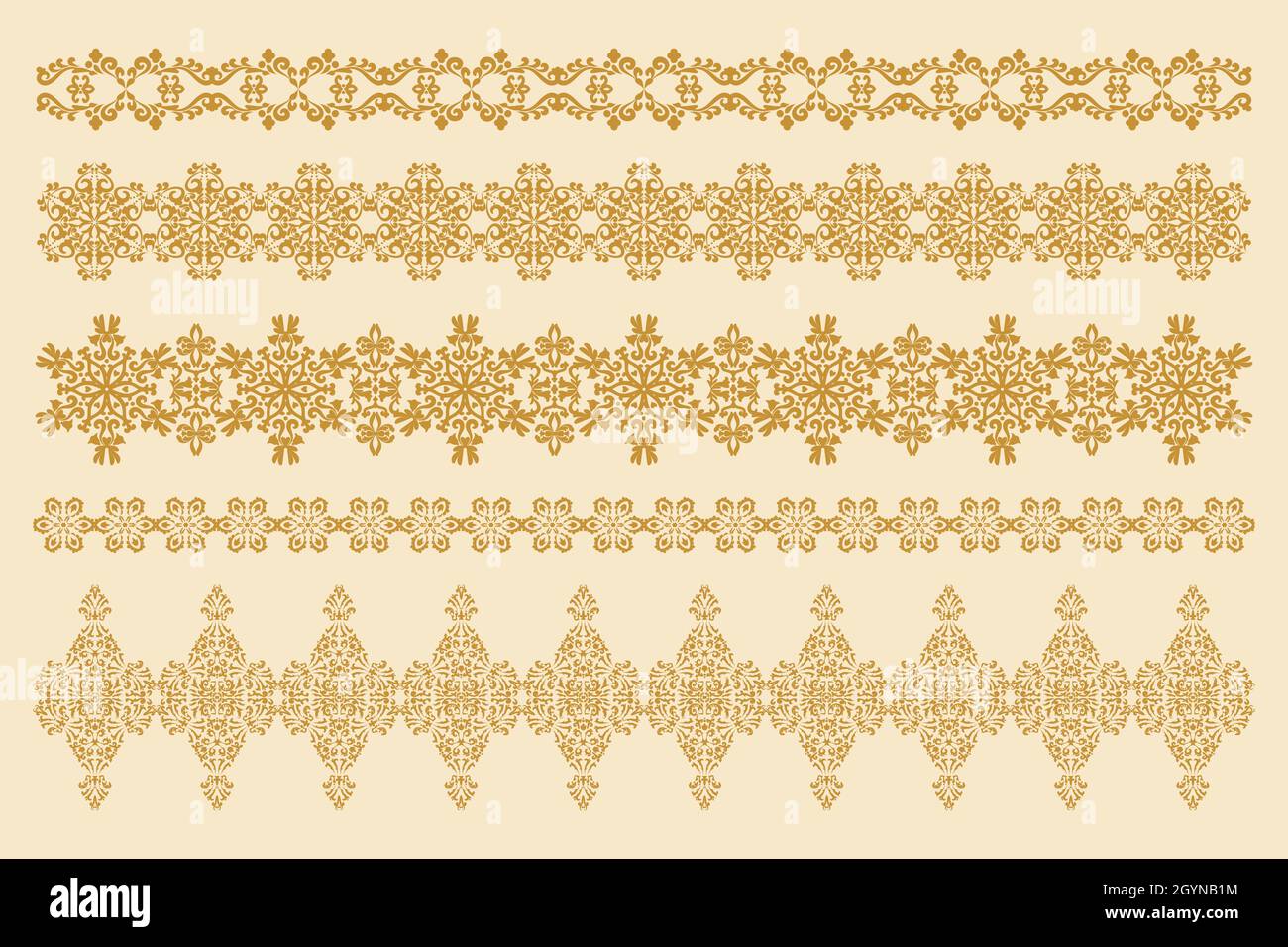 A collection of five horizontal decorative ornaments. Set of patterned borders in antique style. Vector design element. Computer graphics. Stock Vector