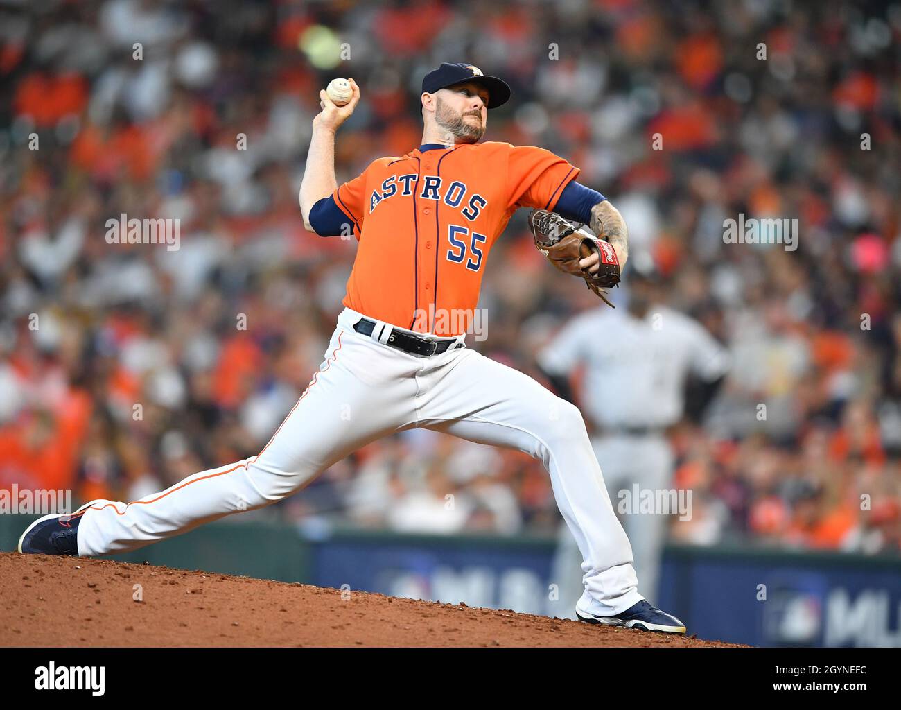 Houston, USA. 08th Oct, 2021. Houston Astros relief pitcher Ryan Pressly  throws in the eighth inning of game two of the MLB ALDS against the Chicago  White Sox at Minute Maid Park