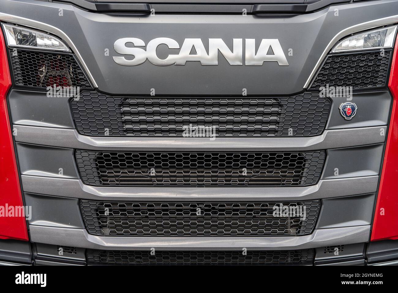 San Vicente de la Barquera, Cantabria, Spain, September 21, 2021. Scania trademark logo on the front of the truck  Stock Photo