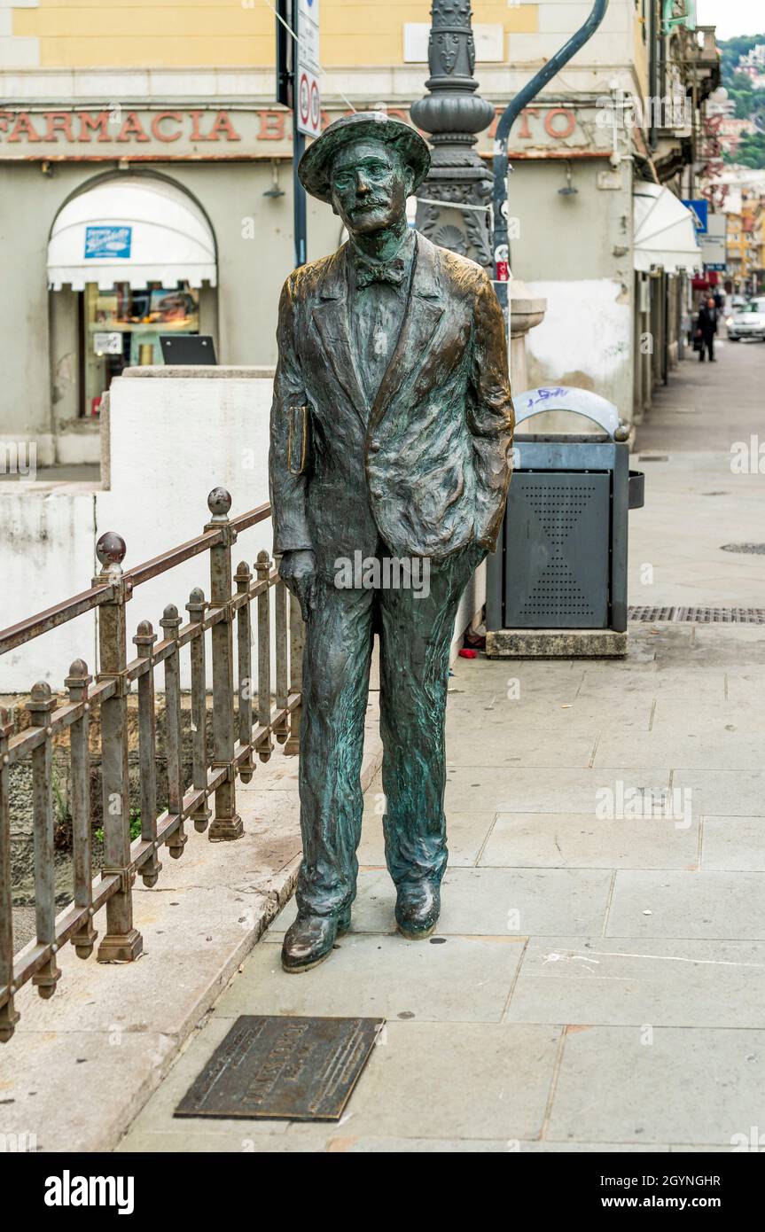 Bronze statue of Irish writer James Joyce on Ponterosso, across Grand Canal, Trieste, Italy Stock Photo