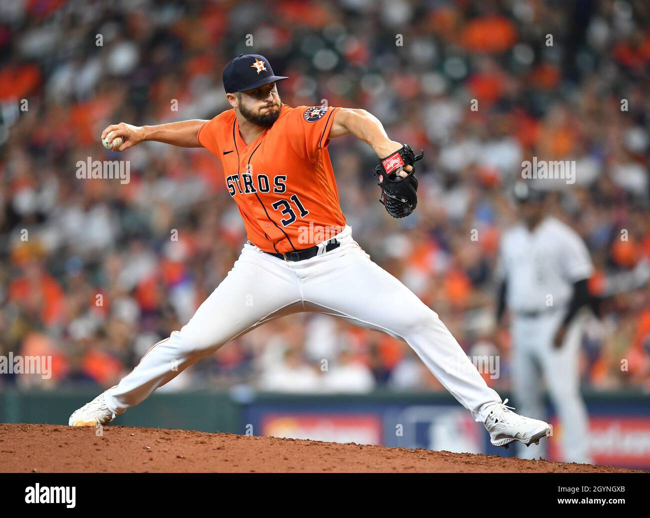 Houston, USA. 08th Oct, 2021. Houston Astros relief pitcher Ryan Pressly  throws in the eighth inning of game two of the MLB ALDS against the Chicago  White Sox at Minute Maid Park