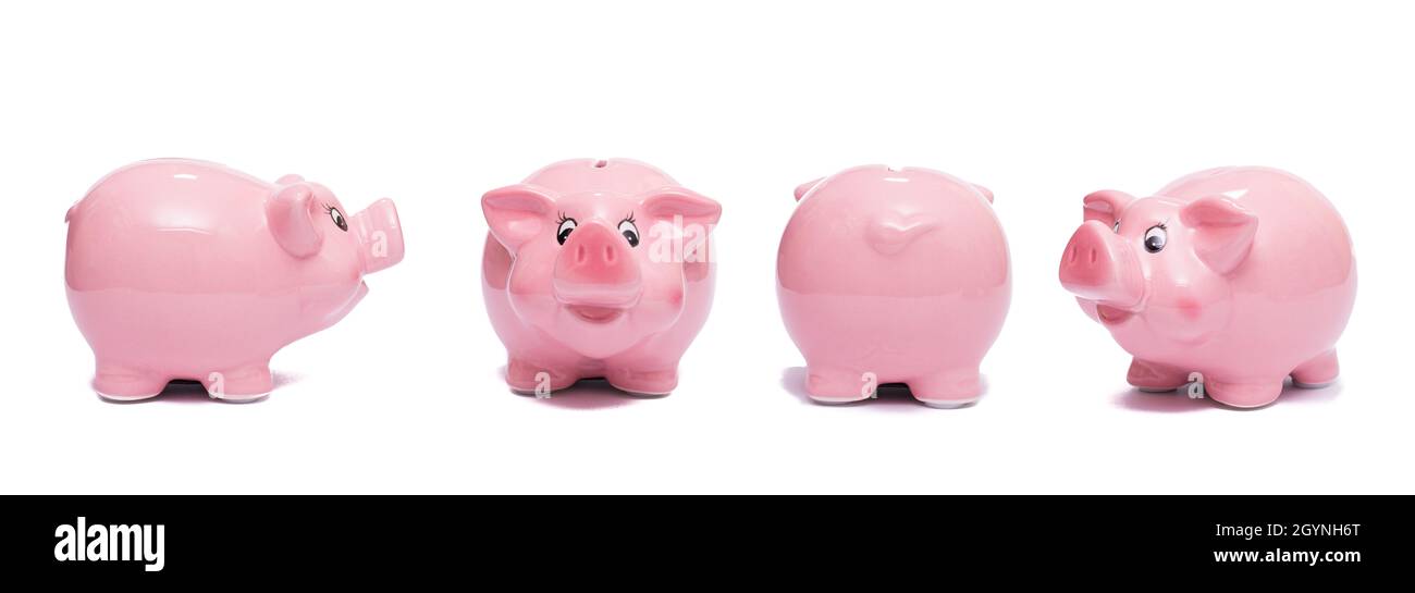 Views of pink piggy bank isolated on a white background Stock Photo - Alamy
