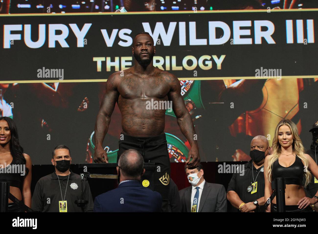 Las Vegas, USA. 08th Oct, 2021. Deontay Wilder on stage for the Weigh-In of the Tyson Fury vs Deontay Wilder III 12-round Heavyweight boxing match, at the MGM Grand Garden Arena in Las Vegas, Nevada on Friday, October 8th, 2021. Photo by James Atoa/UPI Credit: UPI/Alamy Live News Stock Photo