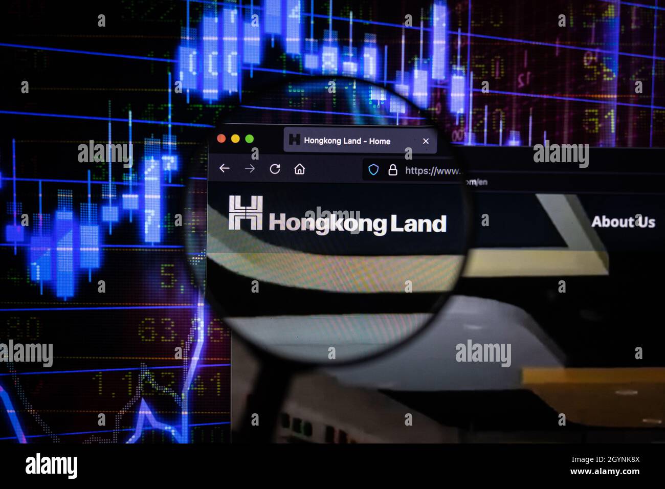 Hongkong land company logo on a website with blurry stock market developments in the background, seen on a computer screen through a magnifying glass Stock Photo