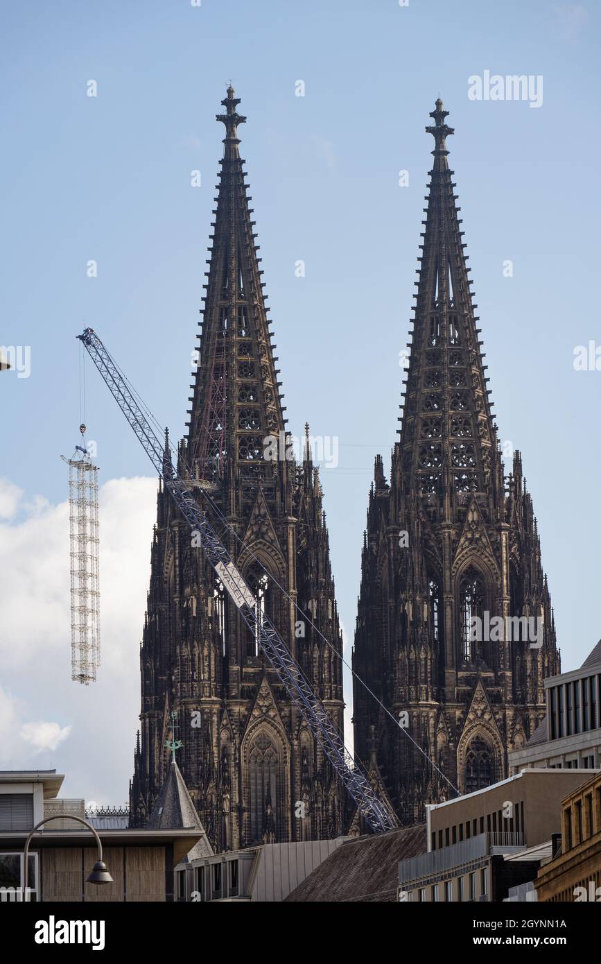 Cologne, Germany - October  07, 2021: removal of the scaffolding at the cologne cathedral in october 2021 Stock Photo