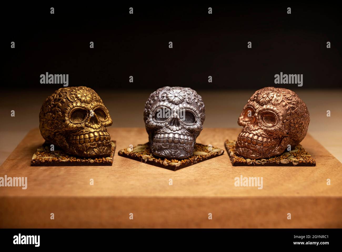 edible ornamented mexican skull made of chocolate gourmet, traditional gift for 'dia de muertos' day of the death in Mexico culture named 'calaverita Stock Photo