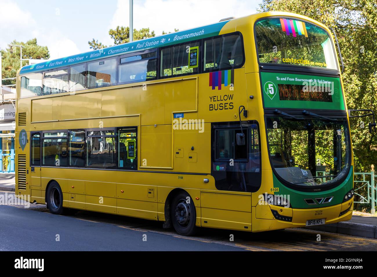 A 2015 Volvo B5TL, Reg No: BF15 KFL, Double Decker Bus, from the Yellow Buses Company, parked in Gervis Place Bournemouth UK 29-09-2021. Stock Photo