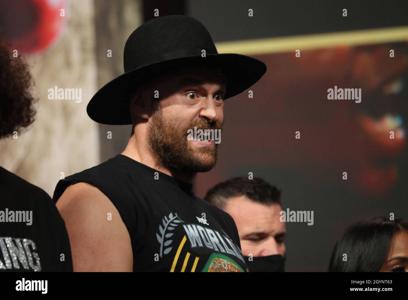 Las Vegas, USA. 08th Oct, 2021. Tyson Fury on stage for the Weigh-In of the Tyson Fury vs Deontay Wilder III 12-round Heavyweight boxing match, at the MGM Grand Garden Arena in Las Vegas, Nevada on Friday, October 8th, 2021. Photo by James Atoa/UPI Credit: UPI/Alamy Live News Stock Photo