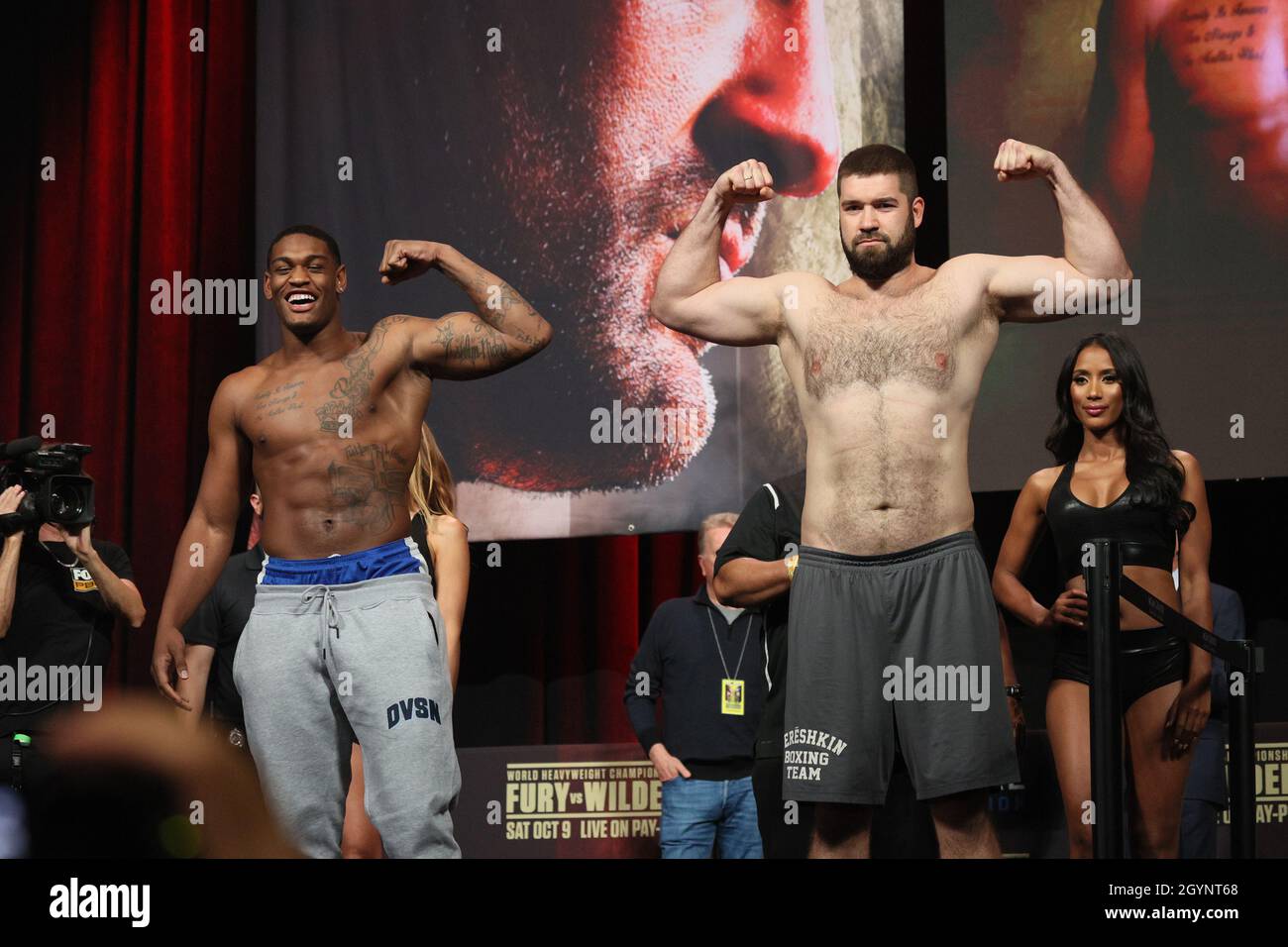 Las Vegas, USA. 08th Oct, 2021. Jared Anderson (left) and Vladimir  Tereshkin on stage for the Weigh-In of the Tyson Fury vs Deontay Wilder III  12-round Heavyweight boxing match, at the MGM