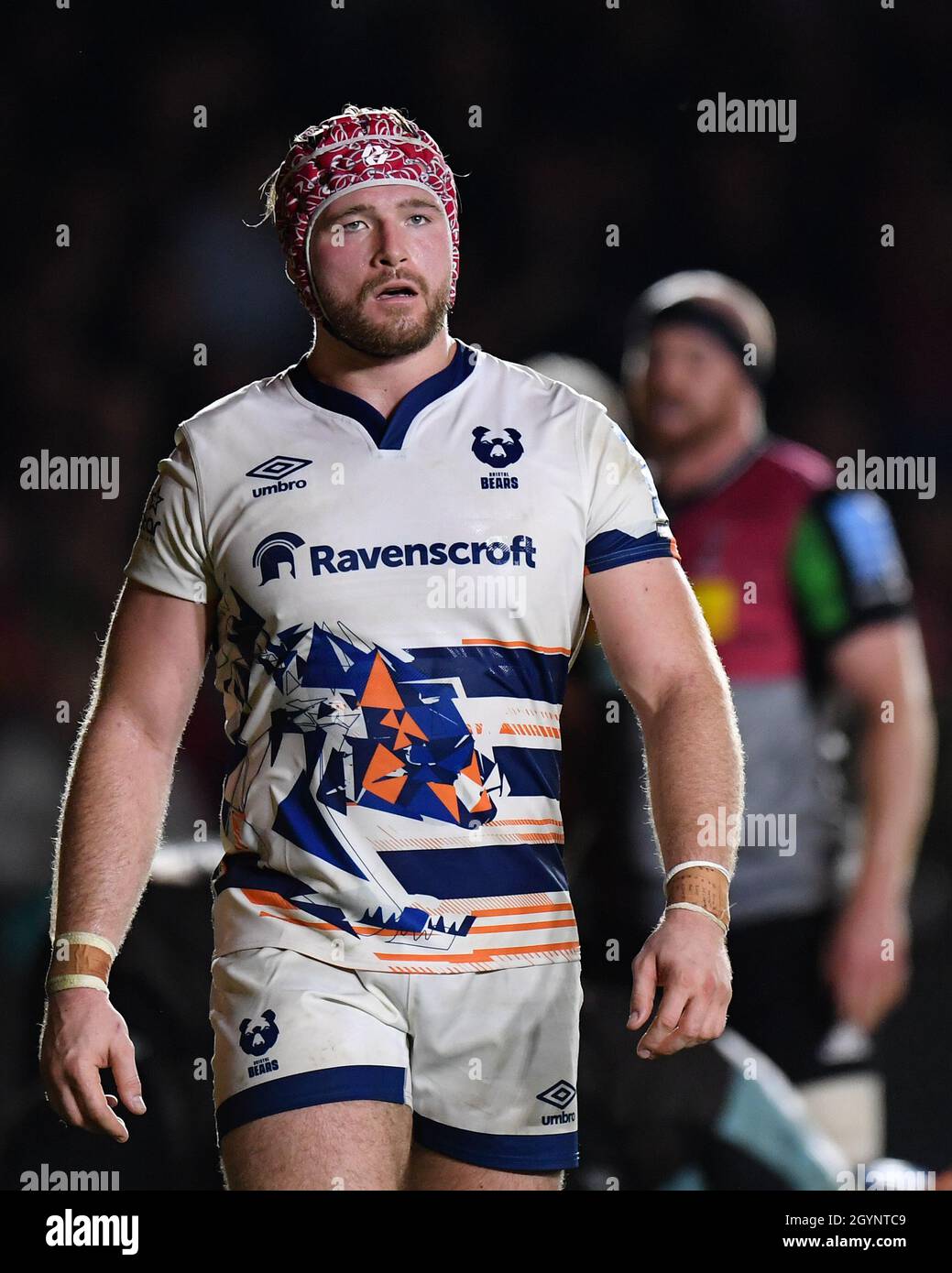 Twickenham Stoop Stadium, UK, UK. 8th October, 2021. Bristol Bears' Ed Holmes dejected as Harlequins' Will Collier scores his sides fifth try during the Gallagher English Premiership game between Harlequins and Bristol Bears: Credit: Ashley Western/Alamy Live News Stock Photo