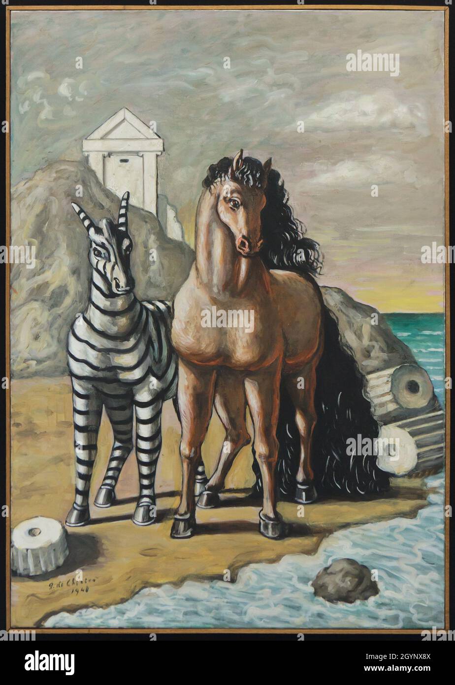 Painting 'Horse and Zebra' by Italian modernist painter Giorgio de Chirico (1948) on display in the Museum of Modern Art (Musée d'Art Moderne de Paris) in Paris, France. Stock Photo